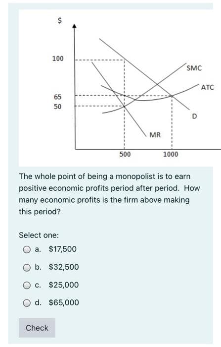 100
SMC
ATC
65
50
MR
500
1000
The whole point of being a monopolist is to earn
positive economic profits period after period. How
many economic profits is the firm above making
this period?
Select one:
O a. $17,500
O b. $32,500
O c. $25,000
O d. $65,000
Check
%24
