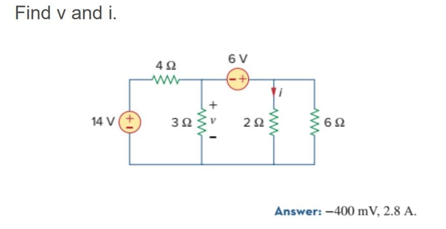 Find v and i.
14 V(+
Μ
4Ω
3Ω
+ Ξι
6V
2Ω
ww
6Ω
Answer: -400 mV, 2.8 A.