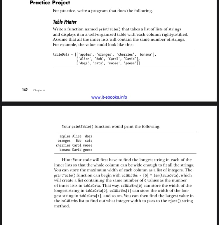 Practice Project
For practice, write a program that does the following.
Table Printer
Write a function named printTable() that takes a list of lists of strings
and displays it in a well-organized table with each column right-justified.
Assume that all the inner lists will contain the same number of strings.
For example, the value could look like this:
tableData = [['apples', 'oranges', 'cherries', 'banana' ),
['Alice', 'Bob', 'Carol', 'David'),
['dogs', 'cats', 'moose', 'goose']
142
Chapter 6
www.it-ebooks.info
Your printTable() function would print the following:
apples Alice dogs
oranges Bob cats
cherries Carol moose
banana David goose
Hint: Your code will first have to find the longest string in each of the
inner lists so that the whole column can be wide enough to fit all the strings.
You can store the maximum width of each column as a list of integers. The
printTable() function can begin with colWidths - [0] * len(tableData), which
will create a list containing the same number of o values as the number
of inner lists in tableData. That way, colwidths[0] can store the width of the
longest string in tableData[0], colwidths[1] can store the width of the lon-
gest string in tableData[1], and so on. You can then find the largest value in
the colWidths list to find out what integer width to pass to the rjust() string
method.
