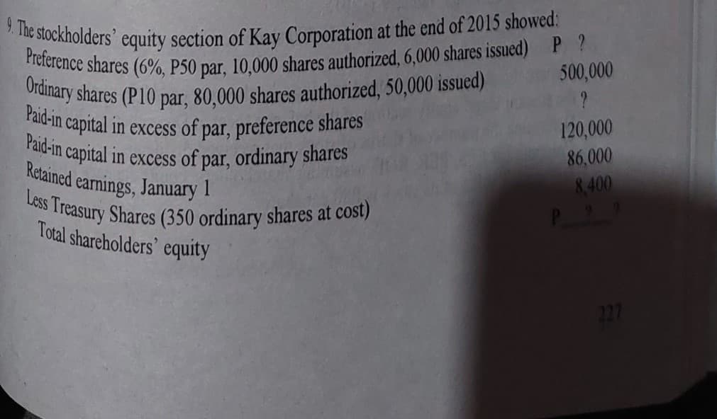 Preference shares (6%, P50 par, 10,000 shares authorized, 6,000 shares issued) P ?
9. The stockholders' equity section of Kay Corporation at the end of 2015 showed:
Paid-in capital in excess of par, ordinary shares
Less Treasury Shares (350 ordinary shares at cost)
Ordinary shares (P10 par, 80,000 shares authorized, 50,000 issued)
Paid-in capital in excess of par, preference shares
500,000
?
l in
120,000
Retained earnings, January 1
86,000
8,400
Total shareholders' equity
227
