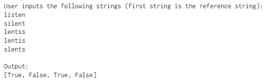 User inputs the following strings (first string is the reference string):
listen
silent
lentss
lentis
slents
Output:
[True, False, True, False]
