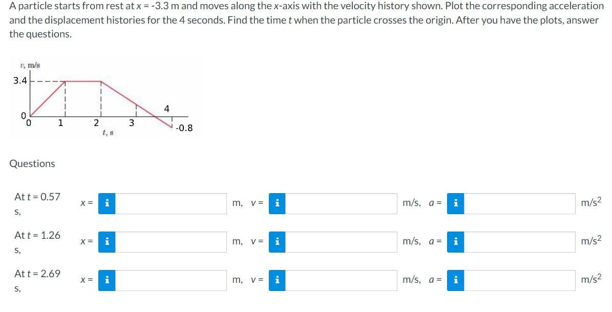 A particle starts from rest at x = -3.3 m and moves along the x-axis with the velocity history shown. Plot the corresponding acceleration
and the displacement histories for the 4 seconds. Find the time t when the particle crosses the origin. After you have the plots, answer
the questions.
2, m/s
3.4
4
1
2
-0.8
t, s
Questions
At t = 0.57
X =
m, v=
i
m/s, a =
i
m/s2
S,
Att = 1.26
X =
m, v =
i
m/s, a =
m/s2
S,
At t = 2.69
X =
m, v =
i
m/s, a =
i
m/s?
S,
