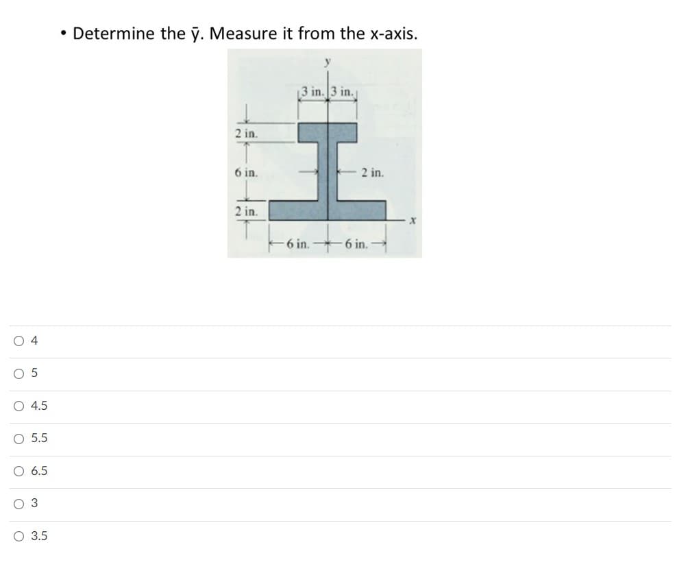 • Determine the y. Measure it from the x-axis.
y
13
3 in.
2 in.
6 in.
2 in.
2 in.
- 6 in.
6 in.
O 4
O 5
O 4.5
O 5.5
O 6.5
O 3
О 35
