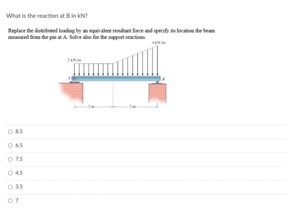 What is the reaction at B in kN?
Replace the distributed loading by an equivalent resultant force and specify its location the beam
measured from the pin at A. Solve also for the support reactions.
4 kN/m
2 kN/m
B.
3 m
3 m
O 8.5
O 6.5
O 7.5
O 4.5
O 3.5
O 7

