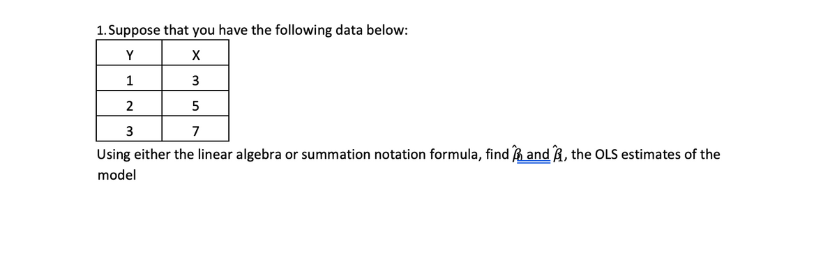 1. Suppose that you have the following data below:
Y
1
2
5
3
7
Using either the linear algebra or summation notation formula, find B and R, the OLS estimates of the
model
