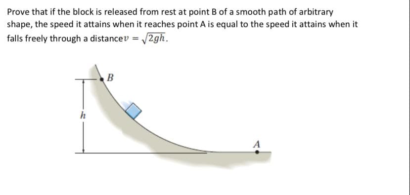 Prove that if the block is released from rest at point B of a smooth path of arbitrary
shape, the speed it attains when it reaches point A is equal to the speed it attains when it
falls freely through a distancev = /2gh.
B
h
A
