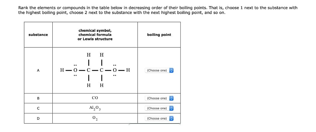 Rank the elements or compounds in the table below in decreasing order of their boiling points. That is, choose 1 next to the substance with
the highest boiling point, choose 2 next to the substance with the next highest boiling point, and so on.
chemical symbol,
chemical formula
or Lewis structure
substance
boiling point
H
H
A
H -0-
- H
(Choose one)
H
H
В
CO
(Choose one)
Al,03
(Choose one)
D
02
(Choose one)
