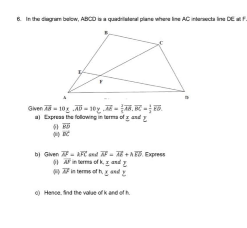 6. In the diagram below, ABCD is a quadrilateral plane where line AC intersects line DE at F.
B
Given AB = 10x „AD = 10 y .AË =AB, BĊ = ED.
%3D
a) Express the following in terms of x and
(i) BD
(i) BC
b) Given AF = kFC and AF = AE + h ED. Express
() AF in terms of k, x and y
(i) AF in terms of h, x and y
c) Hence, find the value of k and of h.
