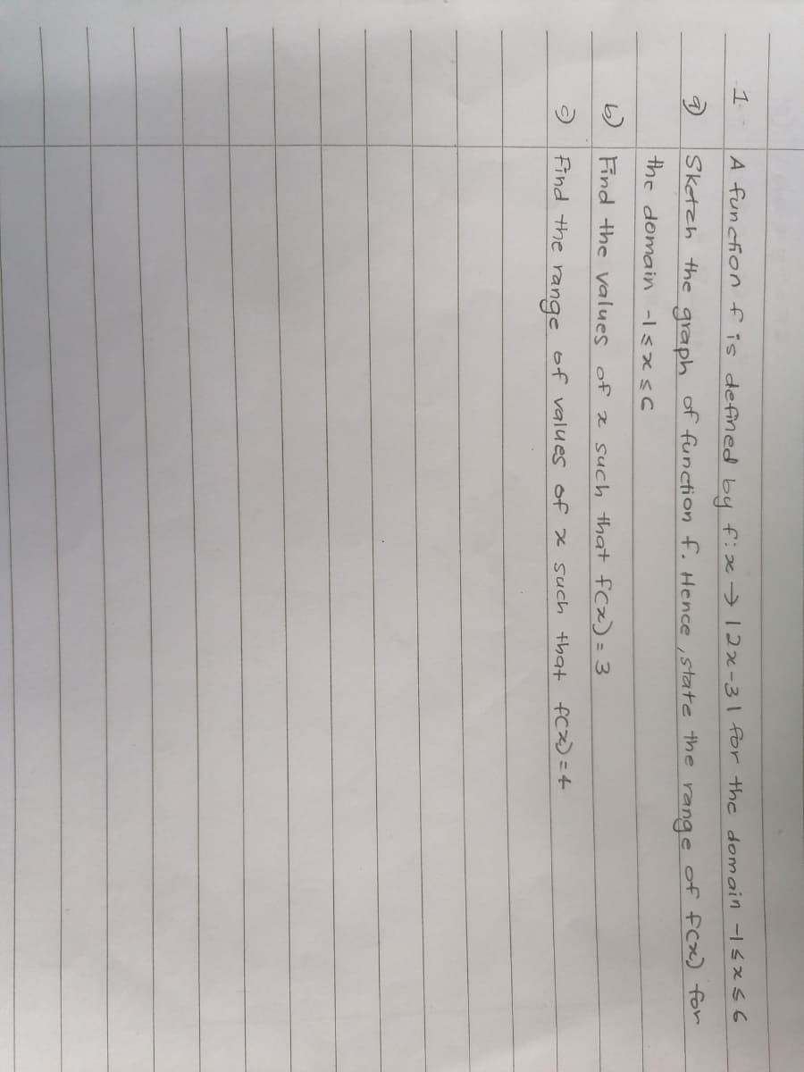 7)
1
A funcfionfis defined bu fix 12x-31 for the domain -Ix56
Sketzh the
of function f. Hence , state the range of fcx) for
graph
the domain -lsxsC
b) Find he values of z such that fCx)= 3
Find the
of values of x such that fcx)=4
range

