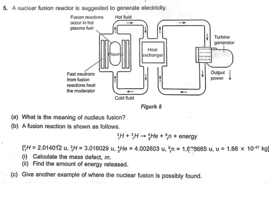5. A nuclear fusion reactor is suggested to generate electricity.
Fusion reactions
occur in hot
plasma fuel
Hot fluid
Turbine
generator
Heat
Plasma
exchanger
Output
Fast neutrons
from fusion
reactions heat
the moderator
power
Cold fluid
Figure 5
(a) What is the meaning of nucleus fusion? .
(b) A fusion reaction is shown as follows.
3H + H + He + °n + energy
H = 2.014012 u, H = 3.016029 u, He = 4.002603 u, ºn = 1.e08665 u, u = 1.66 × 10-27 kg]
(i) Calculate the mass defect, m.
(ii) Find the amount of energy released.
%3D
(c) Give another example of where the nuclear fusion is possibly found.
