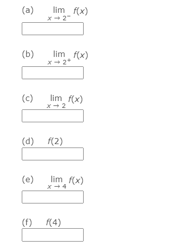 (a)
lim f(x)
X- 2-
(b)
lim f(x)
x → 2+
(c)
lim f(x)
(d)
f(2)
(e)
lim f(x)
(f)
f(4)
