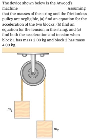 The device shown below is the Atwood's
machine
Assuming
that the masses of the string and the frictionless
pulley are negligible, (a) find an equation for the
acceleration of the two blocks; (b) find an
equation for the tension in the string; and (c)
find both the acceleration and tension when
block 1 has mass 2.00 kg and block 2 has mass
4.00 kg.
m2
