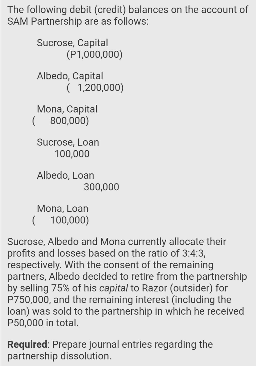 The following debit (credit) balances on the account of
SAM Partnership are as follows:
Sucrose, Capital
(P1,000,000)
Albedo, Capital
( 1,200,000)
Mona, Capital
( 800,000)
Sucrose, Loan
100,000
Albedo, Loan
300,000
Mona, Loan
( 100,000)
Sucrose, Albedo and Mona currently allocate their
profits and losses based on the ratio of 3:4:3,
respectively. With the consent of the remaining
partners, Albedo decided to retire from the partnership
by selling 75% of his capital to Razor (outsider) for
P750,000, and the remaining interest (including the
loan) was sold to the partnership in which he received
P50,000 in total.
Required: Prepare journal entries regarding the
partnership dissolution.
