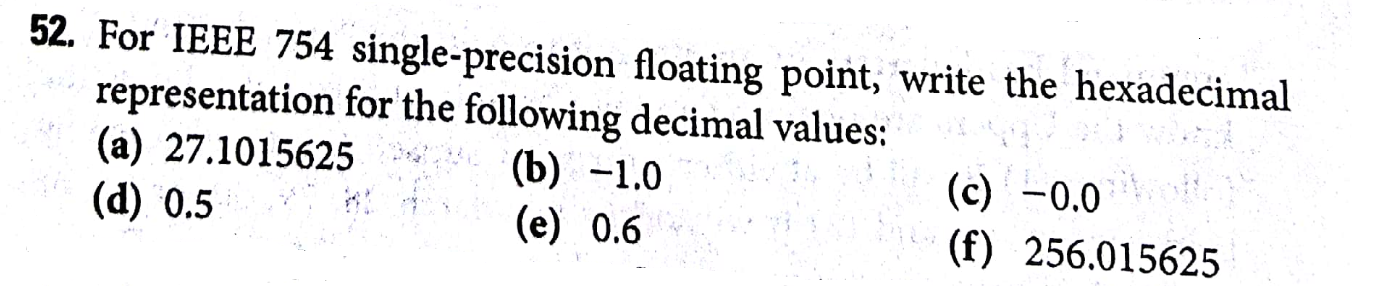 52. For IEEE 754 single-precision floating point, write the hexadecimal
representátion for the following decimal values:
(a) 27.1015625
(d) 0.5
(b) -1.0
(e) 0.6
(c) -0.0
(f) 256.015625
