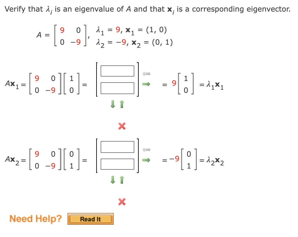 Verify that 1, is an eigenvalue of A and that x; is a corresponding eigenvector.
: , 1 = 9, x, = (1, 0)
0 -9
%D
%D
A =
%3D —9, х, 3D (0, 1)
9.
Ax1:
1
= 1,x1
1
%3D
0 -9
9.
Ax2 =
:-
|= 12x2
%3D
0 -9
1
1
Need Help?
Read It
II
