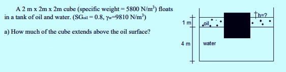 A 2 m x 2m x 2m cube (specific weight = 5800 N/m³) floats
in a tank of oil and water. (SGoil = 0.8, yw-9810 N/m³)
| Th=2
1m
a) How much of the cube extends above the oil surface?
4 m
water
