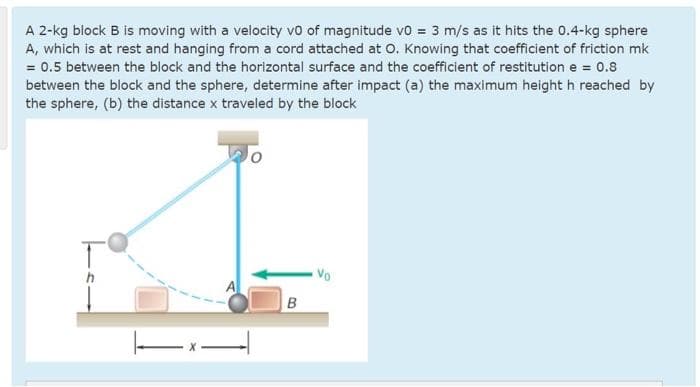 A 2-kg block B is moving with a velocity vo of magnitude vo = 3 m/s as it hits the 0.4-kg sphere
A, which is at rest and hanging from a cord attached at O. Knowing that coefficient of friction mk
= 0.5 between the block and the horizontal surface and the coefficient of restitution e = 0.8
between the block and the sphere, determine after impact (a) the maximum height h reached by
the sphere, (b) the distance x traveled by the block
Vo
A
B
