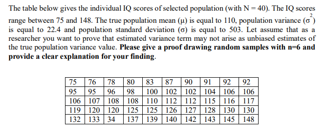 The table below gives the individual IQ scores of selected population (with N = 40). The IQ scores
range between 75 and 148. The true population mean (µ) is equal to 110, population variance (6)
is equal to 22.4 and population standard deviation (0) is equal to 503. Let assume that as a
researcher you want to prove that estimated variance term may not arise as unbiased estimates of
the true population variance value. Please give a proof drawing random samples with n=6 and
provide a clear explanation for your finding.
75 76 78
95 95
106 | 107 108| 108 110 112 | 112 115 || 116 | 117
119 | 120 120 125 | 125 126| 127 128 | 130 130
132 133 34
80 83 87 90 91 92 92
96
98
100 102 102 104 | 106 | 106
137 139 | 140 | 142 | 143 145 148
