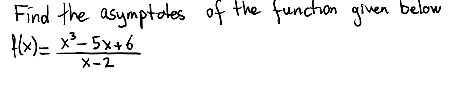 the funchon given
below
Find the asymptotes of
Hx)= x²- 5x+6
.3
X-2
