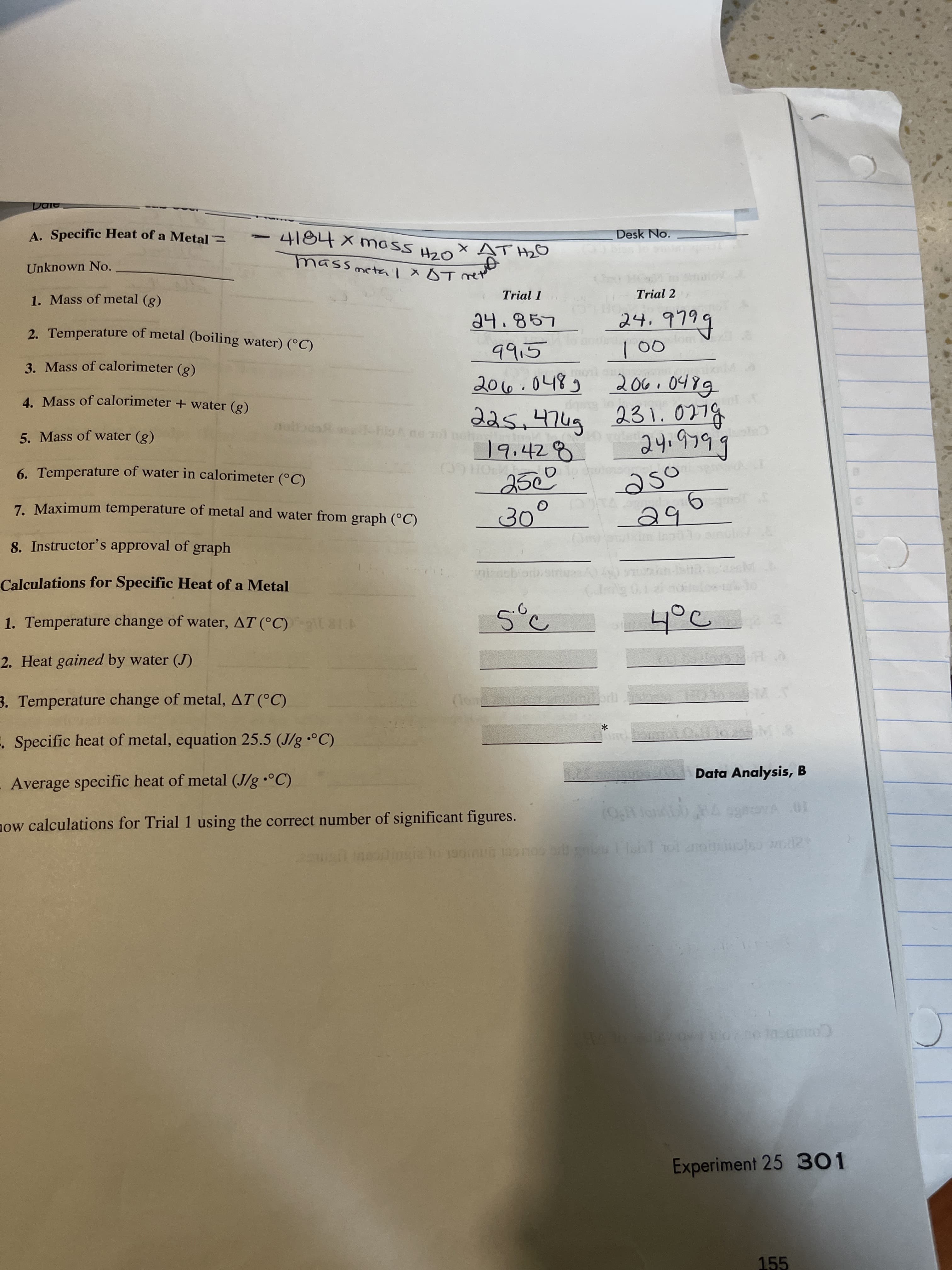 LO
A. Specific Heat of a Metal =
4184 x mass H2O
Desk No.
Unknown No.
1. Mass of metal (g)
Trial 1
Trial 2
24.857
24,
2. Temperature of metal (boiling water) (°C)
3. Mass of calorimeter (g)
100
4. Mass of calorimeter + water (g)
d2s.4749 231.027g
5. Mass of water (g)
ne ol noh
6. Temperature of water in calorimeter (°C)
HC)
as0
7 Maximum temperature of metal and water from graph (°C)
30
8. Instructor's approval of graph
Calculations for Specific Heat of a Metal
1. Temperature change of water, AT (°C) t 81A
5°C
2. Heat gained by water (J)
3. Temperature change of metal, AT (°C)
Specific heat of metal, equation 25.5 (J/g •°C)
Data Analysis, B
Average specific heat of metal (J/g •°C)
now calculations for Trial 1 using the correct number of significant figures.
TO VAC
Comancor ou
Experiment 25 301
155
