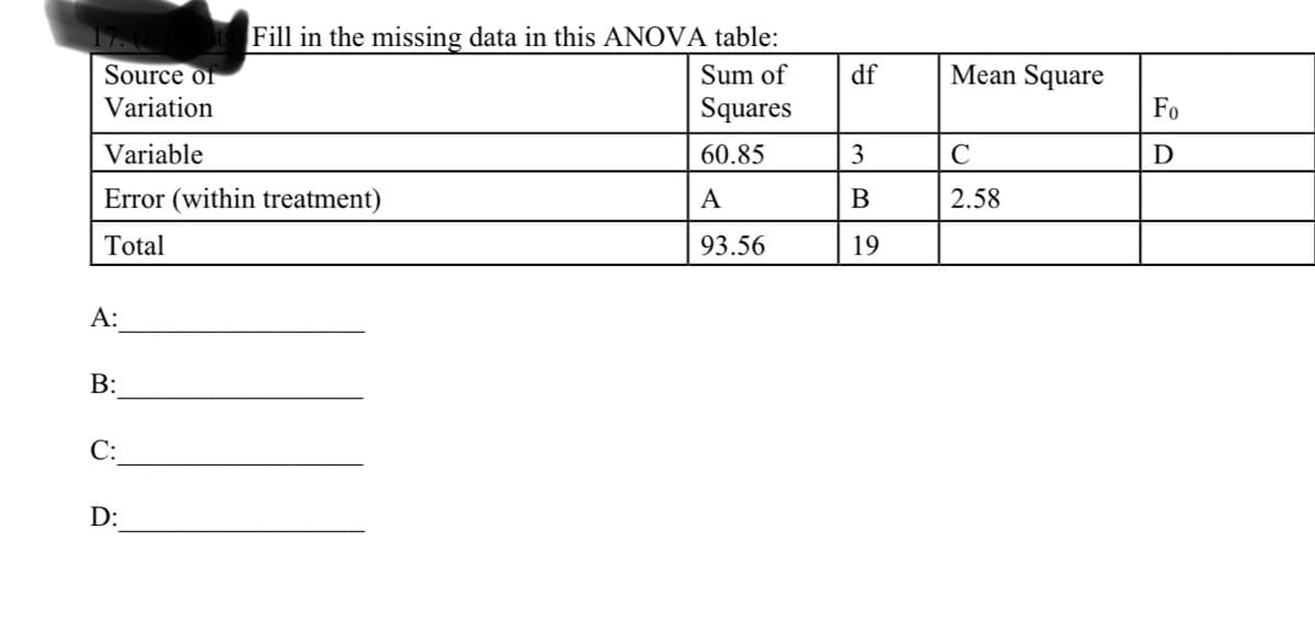 Fill in the missing data in this ANOVA table:
Mean Square
Source or
Variation
Sum of
df
Squares
Fo
Variable
60.85
3
D
Error (within treatment)
A
В
2.58
Total
93.56
19
А:
В:
С:
D:
