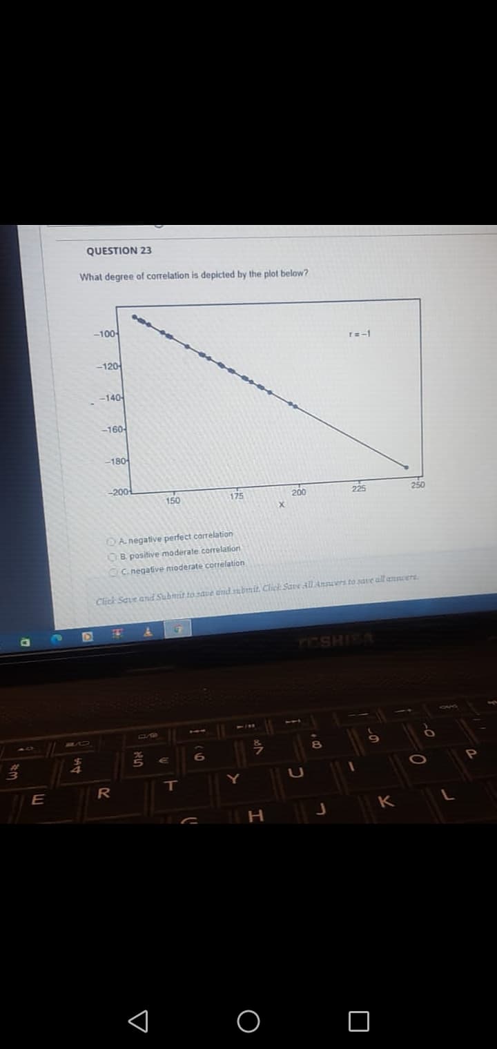 QUESTION 23
What degree of correlation is depicted by the plot below?
-100-
r=-1
-120
-140-
-160-
-180
-200
150
175
200
225
250
QA negative perfect correlation
OB. positive moderate corelation
C.negative moderate correlation
Click Save and Submit to sape and subnit. Click Sare AllAnners to sate all anncere.
TESHISA
D9
8
P
Y
E
R
K
