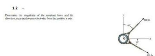 1.2 -
Determine the magnikude of the resaltant foce and its
direction, msasuned ounicrcksck wine fnom the positive raxa
