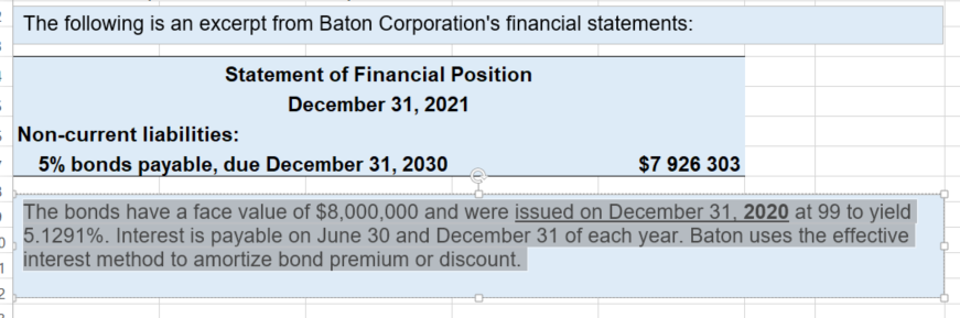 =
The following is an excerpt from Baton Corporation's financial statements:
Statement of Financial Position
December 31, 2021
Non-current liabilities:
5% bonds payable, due December 31, 2030
$7 926 303
The bonds have a face value of $8,000,000 and were issued on December 31, 2020 at 99 to yield
D 5.1291%. Interest is payable on June 30 and December 31 of each year. Baton uses the effective
interest method to amortize bond premium or discount.
1
2