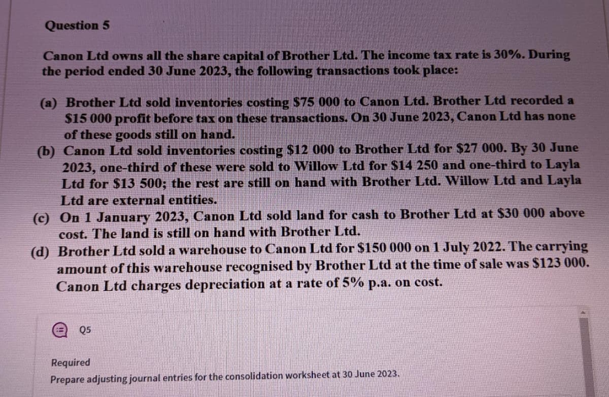 Question 5
Canon Ltd owns all the share capital of Brother Ltd. The income tax rate is 30%. During
the period ended 30 June 2023, the following transactions took place:
(a) Brother Ltd sold inventories costing $75 000 to Canon Ltd. Brother Ltd recorded a
$15 000 profit before tax on these transactions. On 30 June 2023, Canon Ltd has none
of these goods still on hand.
(b) Canon Ltd sold inventories costing $12 000 to Brother Ltd for $27 000. By 30 June
2023, one-third of these were sold to Willow Ltd for $14 250 and one-third to Layla
Ltd for $13 500; the rest are still on hand with Brother Ltd. Willow Ltd and Layla
Ltd are external entities.
(c)
On 1 January 2023, Canon Ltd sold land for cash to Brother Ltd at $30 000 above
st. The land is still on hand with Brother Ltd.
(d) Brother Ltd sold a warehouse to Canon Ltd for $150 000 on 1 July 2022. The carrying
amount of this warehouse recognised by Brother Ltd at the time of sale was $123 000.
Canon Ltd charges depreciation at a rate of 5% p.a. on cost.
Q5
Required
Prepare adjusting journal entries for the consolidation worksheet at 30 June 2023.