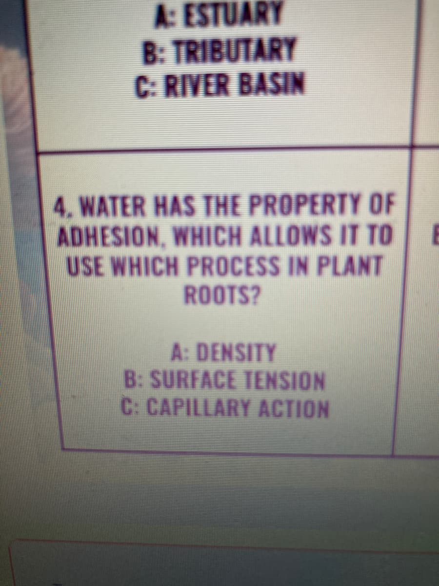 A: ESTUARY
B: TRIBUTARY
C: RIVER BASIN
4. WATER HAS THE PROPERTY OF
ADHESION, WHICH ALLOWS IT TO
USE WHICH PROCESS IN PLANT
ROOTS?
A: DENSITY
B: SURFACE TENSION
C: CAPILLARY ACTION
