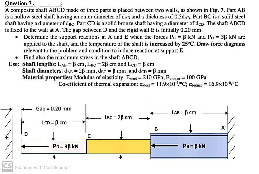 Question 7.
A composite shaft ABCD made of three parts is placed between two walls, as shown in Fig. 7. Part AB
is a hollow steel shaft having an outer diameter of dAB and a thickness of 0.3dAB. Part BC is a solid steel
shaft having a diameter of dec. Part CD is a solid bronze shaft having a diameter of dep. The shaft ABCD
is fixed to the wall at A. The gap between D and the rigid wall E is initially 0.20 mm.
• Determine the support reactions at A and E when the forces PB = B kN and Pp = 3ß kN are
applied to the shaft, and the temperature of the shaft is increased by 25°C. Draw force diagrams
relevant to the problem and condition to induce reaction at support E.
• Find also the maximum stress in the shaft ABCD.
Use: Shaft lengths: LAB = B cm, LBc = 2B cm and LcD = ß cm
Shaft diameters: daB = 2B mm, dec = B mm, and dep ß mm
Material properties: Modulus of elasticity: Estcel = 210 GPa, Ebronze = 100 GPa
Co-efficient of thermal expansion: asteel = 11.9x106/"C; abronze =16.9x106/C
Gap = 0.20 mm
LAB = B cm
LBC = 2B cm
LCD = B cm
B
A
C
PD = 3B kN
PB = B kN
CS Scanned with CamScanner
