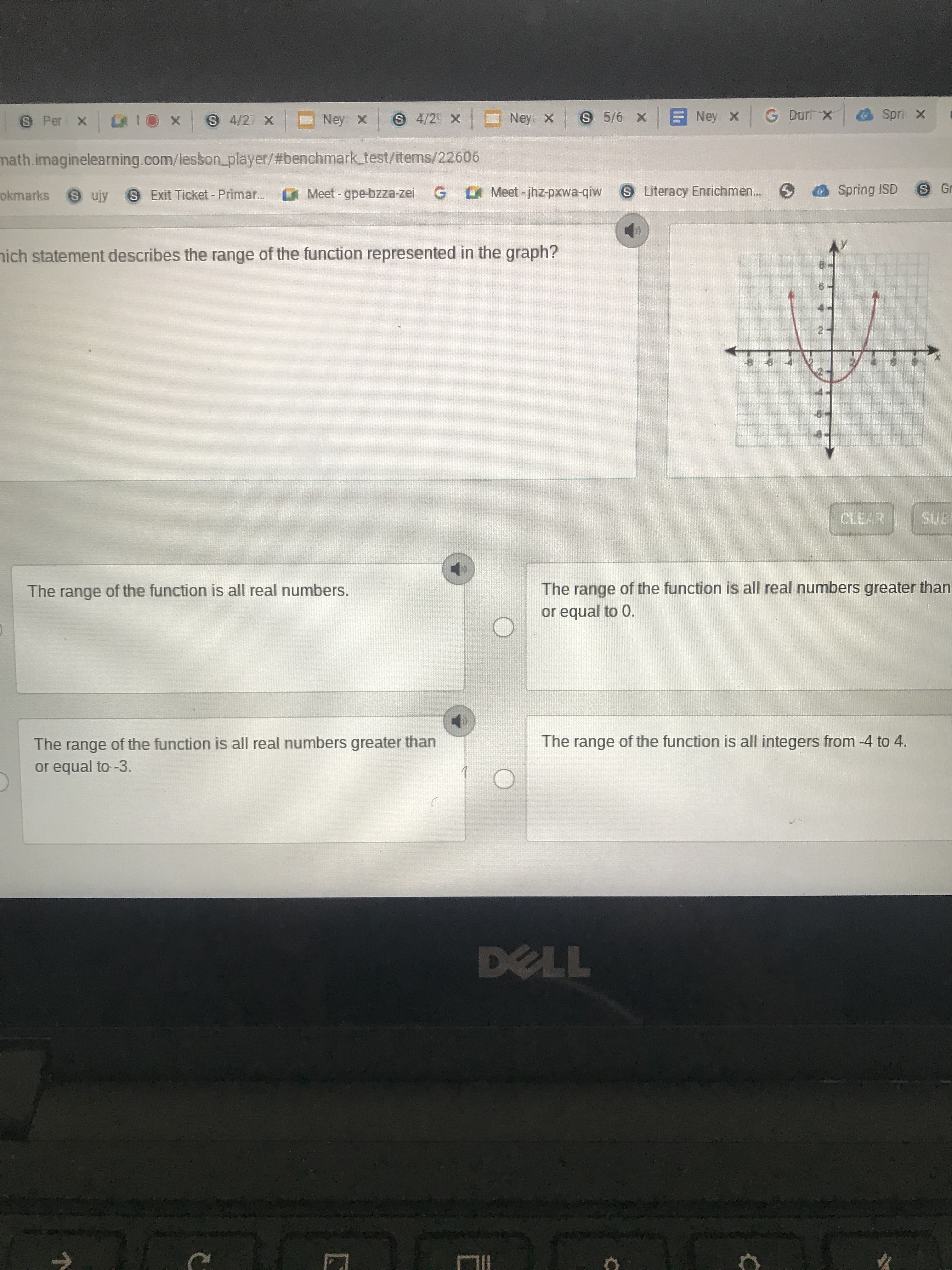 nich statement describes the range of the function represented in the graph?
