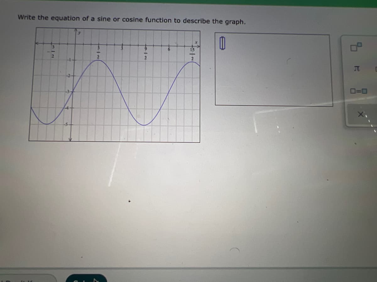 Write the equation of a sine or cosine function to describe the graph.
15
