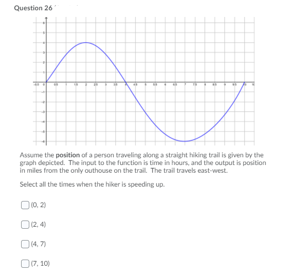 Question 26'
25
75
Assume the position of a person traveling along a straight hiking trail is given by the
graph depicted. The input to the function is time in hours, and the output is position
in miles from the only outhouse on the trail. The trail travels east-west.
Select all the times when the hiker is speeding up.
O (0, 2)
O (2, 4)
O (4, 7)
O (7, 10)
