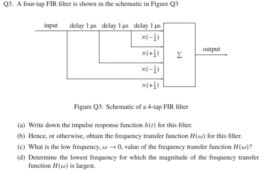 Q3. A four-tap FIR filter is shown in the schematic in Figure Q3
delay 1 us delay 1 µs delay 1 µs
x(-)
input
output
x(+})
Σ
x(-)
x(+)
Figure Q3: Schematic of a 4-tap FIR filter
(a) Write down the impulse response function h(t) for this filter.
(b) Hence, or otherwise, obtain the frequency transfer function H(w) for this filter.
(c) What is the low frequency, w → 0, value of the frequency transfer function H(w)?
(d) Determine the lowest frequency for which the magnitude of the frequency transfer
function H(w) is largest.
