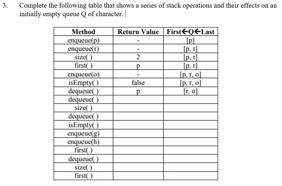 3.
Complete the following table that shows a series of stack operations and their effects on an
initially empty queue Q of character.
Method
Return Value First←Q←Last
enqueue(p)
[p]
enqueue(r)
[p, r]
size()
2
[p, r]
first()
Р
[p, r]
enqueue(o)
[p, r, o]
isEmpty()
false
[p, r, o]
dequeue()
Р
[r, o]
dequeue()
size()
dequeue()
isEmpty()
enqueue(g)
enqueue (h)
first()
dequeue()
size()
first()