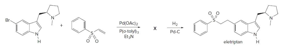 Br
Pd(OAc)2
Н2
P(o-tolyl)3
Et3N
Pd-C
н
eletriptan
