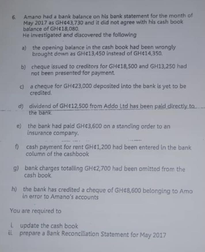 Amano had a bank balance on his bank statement for the month of
May 2017 as GH¢43,730 and it did not agree with his cash book
balance of GH¢18,080.
He investigated and discovered the following
a) the opening balance in the cash book had been wrongly
brought down as GH¢13,450 instead of GH¢14,350.
b) cheque issued to creditors for GH¢18,500 and GH13,250 had
not been presented for payment.
c)
a cheque for GH¢23,000 deposited into the bank is yet to be
credited.
d) dividend of GH412,500 from Addo Ltd has been paid directly to.
the bank.
e) the bank had paid GH¢3,600 on a standing order to an
insurance company.
cash payment for rent GH41,200 had been entered in the bank
column of the cashbook
9) bank charges totalling GHC2,700 had been omitted from the
cash book.
h) the bank has credited a cheque of GH48,600 belonging to Amo
in error to Amano's accounts
You are required to
i update the cash book
ii prepare a Bank Reconciliation Statement for May 2017
6.
