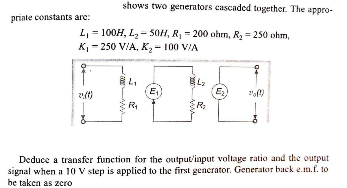 shows two generators cascaded together. The appro-
priate constants are:
L, = 100H, L2 = 50H, R,
K = 250 V/A, K2 = 100 V/A
200 ohm, R, = 250 ohm,
%3D
L2
E2)
E1
vi(t)
R4
R2
Deduce a transfer function for the output/input voltage ratio and the output
signal when a 10 V step is applied to the first generator. Generator back e.m.f. to
be taken as zero
