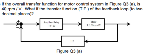If the overall transfer function for motor control system in Figure Q3 (a), is
40 rpm / V. What if the transfer function (T.F.) of the feedback loop (to two
decimal places)?
Motor
Amplifier - Relay
TF. 20
TF. 35 rpm/V
H?
Figure Q3 (a)
