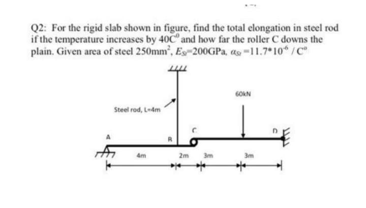 Q2: For the rigid slab shown in figure, find the total elongation in steel rod
if the temperature increases by 40C" and how far the roller C downs the
plain. Given area of steel 250mm, Es 200GPA, as =11.7*10 /C
60KN
Steel rod, L-4m
4m
2m
3m
3m
