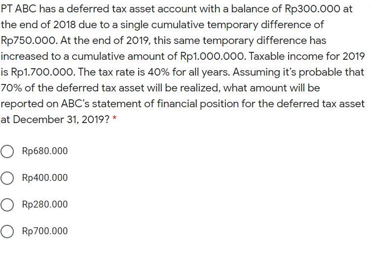 PT ABC has a deferred tax asset account with a balance of Rp300.000 at
the end of 2018 due to a single cumulative temporary difference of
Rp750.000. At the end of 2019, this same temporary difference has
increased to a cumulative amount of Rp1.000.000. Taxable income for 2019
is Rp1.700.000. The tax rate is 40% for all years. Assuming it's probable that
70% of the deferred tax asset will be realized, what amount will be
reported on ABC's statement of financial position for the deferred tax asset
at December 31, 2019? *
Rp680.000
O Rp400.000
O Rp280.000
O Rp700.000
