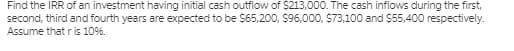 Find the IRR of an investment having initial cash outflow of $213,000. The cash inflows during the first,
second, third and fourth years are expected to be S65,200, $96,000, S73,100 and $55,400 respectively.
Assume thatris 10%.
