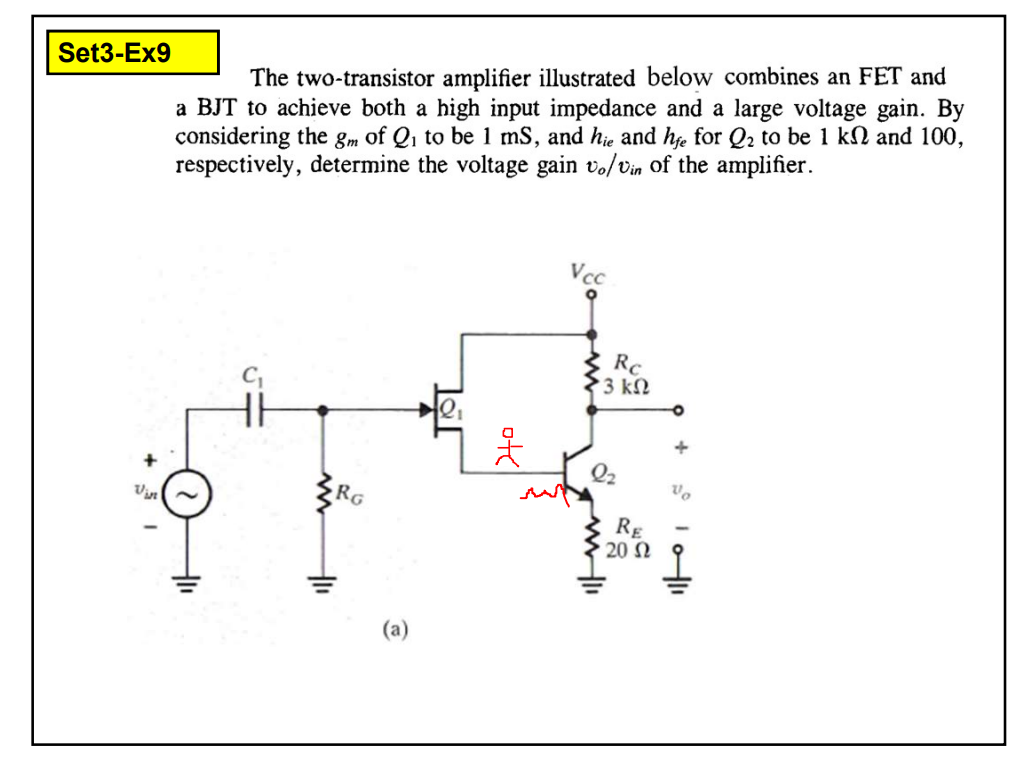 Set3-Ex9
+
Vin
The two-transistor amplifier illustrated below combines an FET and
a BJT to achieve both a high input impedance and a large voltage gain. By
considering the gm of Q₁ to be 1 mS, and he and hfe for Q₂ to be 1 kN and 100,
respectively, determine the voltage gain vo/vin of the amplifier.
RG
lar
of
Vcc
Rc
• 3 ΚΩ
RE
20 Ω
+
2010-11