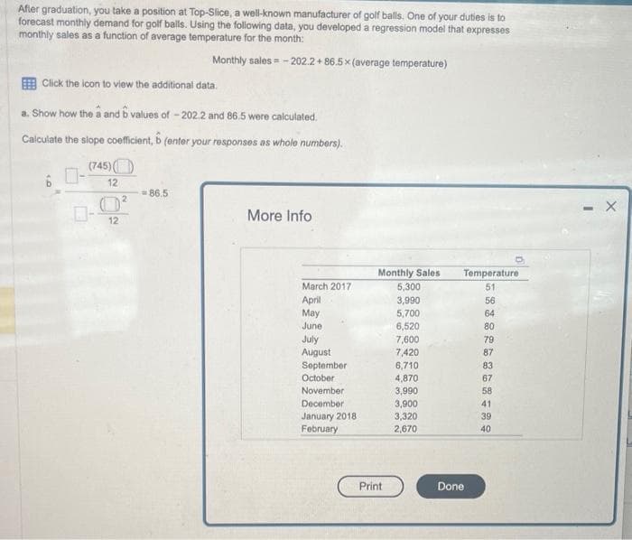 After graduation, you take a position at Top-Slice, a well-known manufacturer of golf balls. One of your duties is to
forecast monthly demand for golf balls. Using the following data, you developed a regression model that expresses
monthly sales as a function of average temperature for the month:
Monthly sales=-202.2+86.5x (average temperature)
Click the icon to view the additional data.
a. Show how the a and 6 values of -202.2 and 86.5 were calculated.
Calculate the slope coefficient, b (enter your responses as whole numbers).
(745)
12
12
2
=86.5
More Info
March 2017
April
May
June
July
August
September
October
November
December
January 2018
February
Monthly Sales
5,300
3,990
5,700
6,520
7,600
7,420
Print
6,710
4,870
3,990
3,900
3,320
2,670
Temperature
51
56
Done
64
80
79
87
83
67
58
41
39
40
X