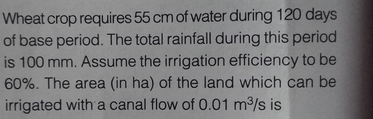 Wheat crop requires 55 cm of water during 120 days
of base period. The total rainfall during this period
is 100 mm. Assume the irrigation efficiency to be
60%. The area (in ha) of the land which can be
irrigated with a canal flow of 0.01 m³/s is