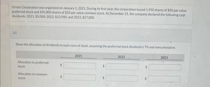 Oriole Corporation was organized on January 1, 2021. During its first year, the corporation issued 1,950 shares of $50 par value
preferred stock and 105,000 shares of $10 par value common stock. At December 31, the company declared the following cash
dividends: 2021, $5,000; 2022, $13,900; and 2023, $27,000.
(a)
Show the allocation of dividends to each class of stock, assuming the preferred stock dividend is 7% and noncumulative.
Allocation to preferred
stock
Allocation to common
stock
$
2021
$
2022
$
$
2023