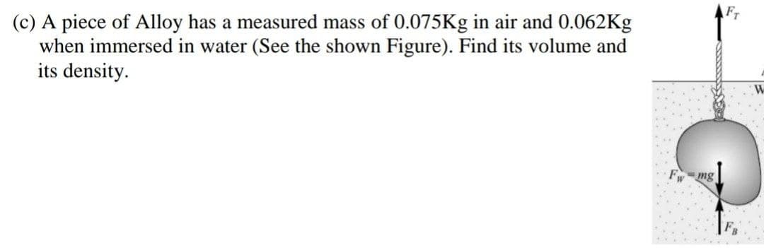 FT
(c) A piece of Alloy has a measured mass of 0.075Kg in air and 0.062Kg
when immersed in water (See the shown Figure). Find its volume and
its density.
mg
