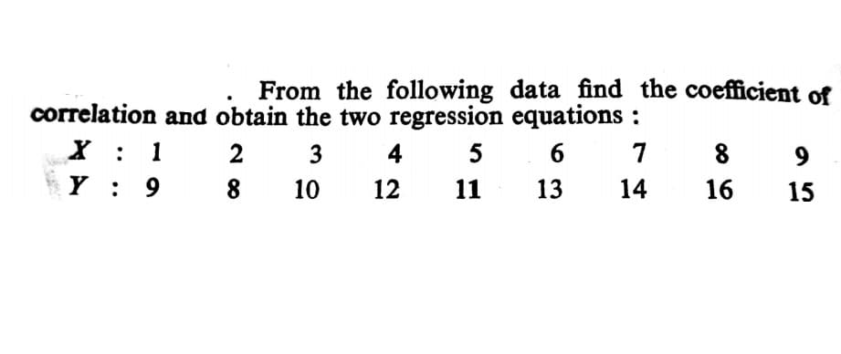 From the following data find the coefficient of
correlation and obtain the two regression equations :
X : 1
Y : 9
2
3
4
5
6.
7
8
9
8
10
12
11
13
14
16
15
