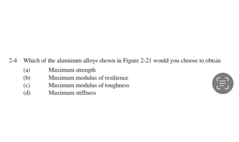 2-4 Which of the aluminum alloys shown in Figure 2-21 would you choose to obtain
Maximum strength
(a)
(b)
(c)
(d)
Maximum modulus of resilience
Maximum modulus of toughness
פ-ט
Maximum stiffness
